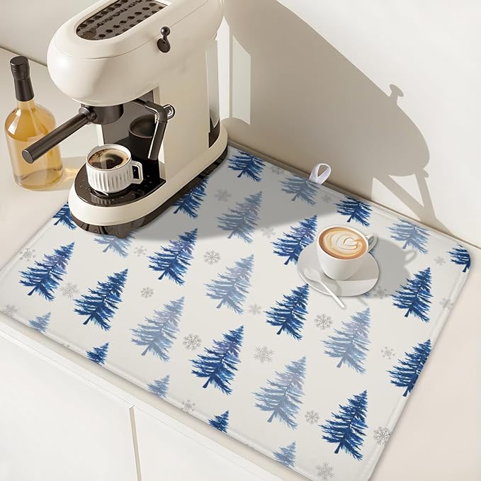 Winter Dish Drying Mat 18 x 24 Inch Blue Tree Dish Drying Pad Absorbent Microfiber Mats for Snowflake Dish Rack Pad for Holiday Kitchen Counter Coffee Bar Decor