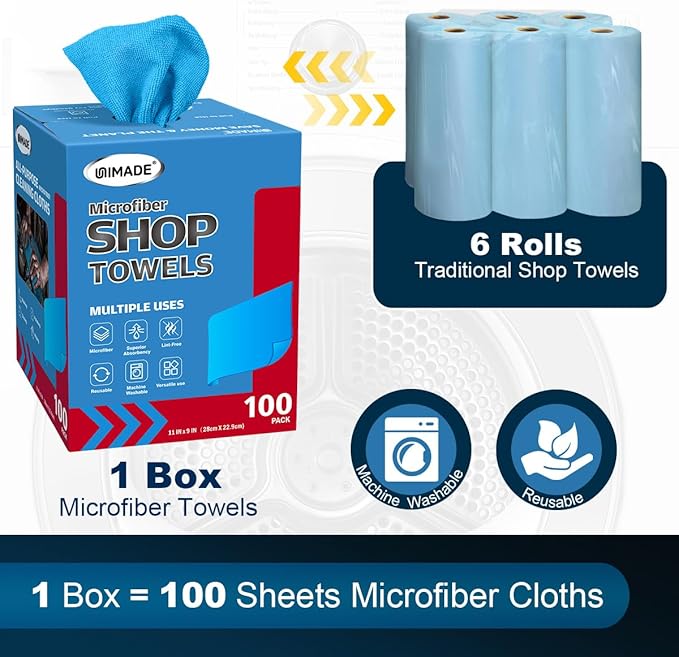 UNIMADE Shop Towels, 100 Sheets Microfiber Cleaning Cloth | Commercial Grade Washcloths Lint-Free Bulk Shops Rags for Cars Mechanic Restaurant Garage Housekeeping, 11"x 9", Blue