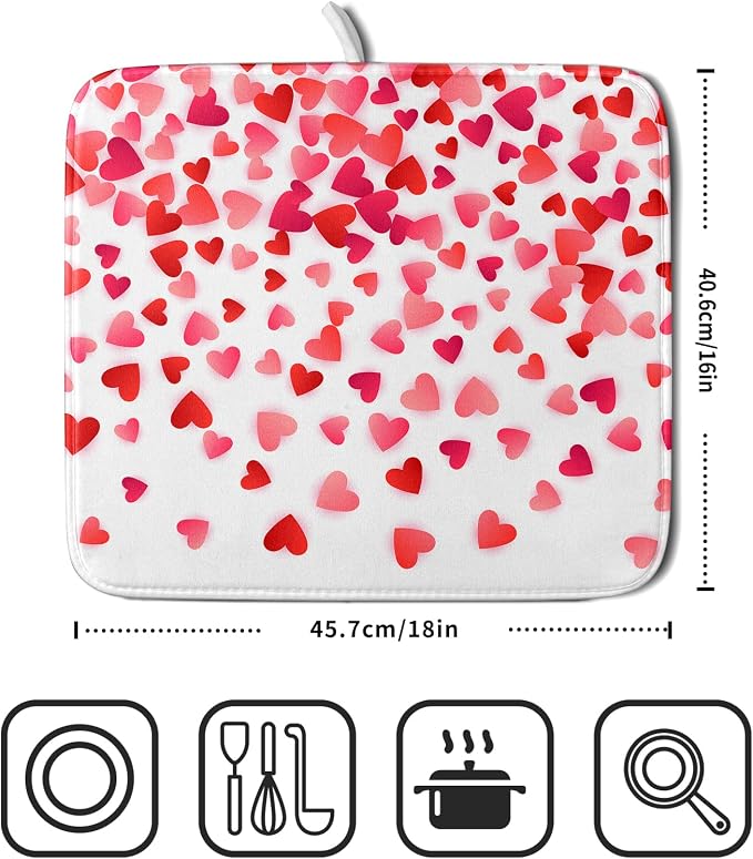 Valentines Dish Drying Mat for Kitchen Counter Hearts Holiday Microfiber Absorbent Dish Draining Reusable Washable Foldable 16"x18"