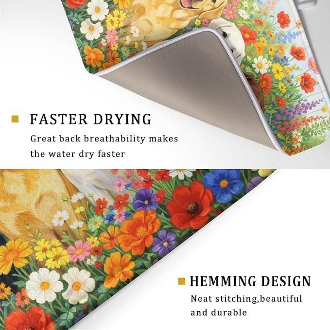 Spring Absorbent Drying Mat Colorful Flowers Dog Dish Drying Mat for Kitchen Counter 18 X 24 In