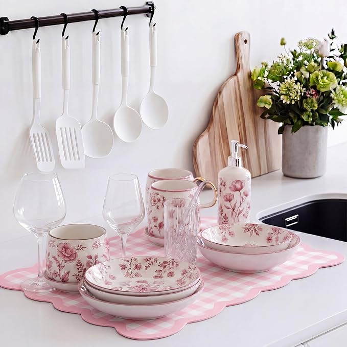 Scalloped Gingham Coffee Mat 12" x 20" Absorbent Coffee Bar Mat Gingham Espresso Matt for Counter(Pink)