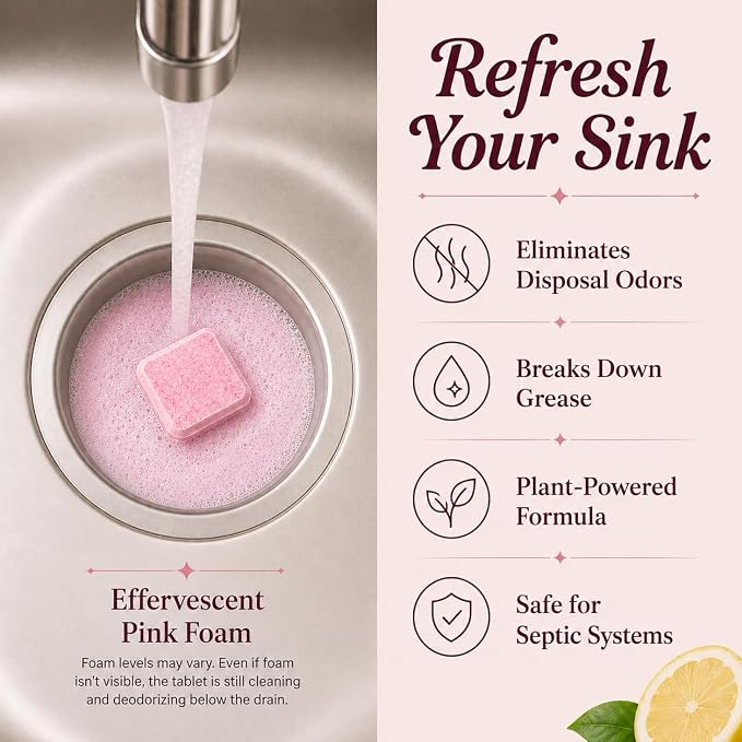 Glory Days Garbage Disposal Cleaner and Deodorizer Tablets | Foaming Citrus Drain Freshener, Sink Odor and Grease Buildup Remover, Septic Safe, Plant Based, Plastic Free