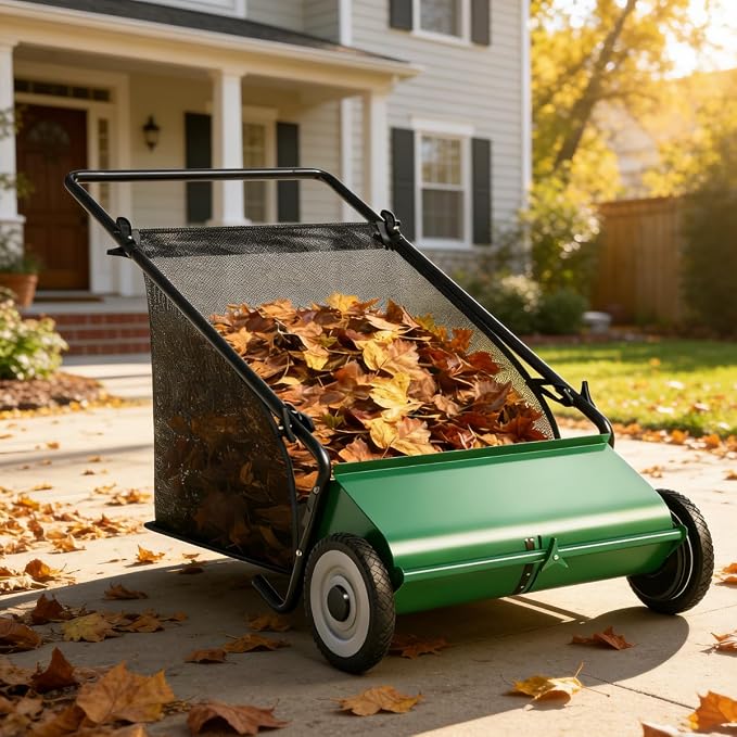 Garvee Push Lawn Sweeper,26-Inch Width Enhanced 4-Brush System with Large 7 cu. ft. Hopper Bag, Ideal for Yard and Garden Cleanup, Green | Brush Height Adjustment, All-Terrain Suitable, 7 cu.ft Hopper Bag, Durable Steel Frame, Easy Setup, Compact & Spa...