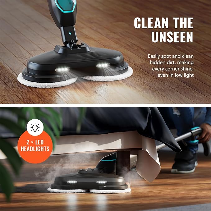 PurSteam ScrubMaster Steam Mop with Dual Scrubbing Head and LED Lights | Dual Scrubbing Head | LED Headlights | Adjustable Steam Control | Anti-Slip Swivel Head | Cable Holder | Upright Lock