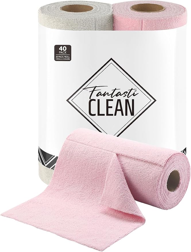 Fantasticlean Kitchen Towels Roll, 40 Sheets, 10''x 10'' (Pink, Grayish) | Tear-away Dish Towels for Kitchen, Ultra Absorbent, Lint-free, Premium Microfiber Cleaning Cloths, for All-Purpose Cleaning