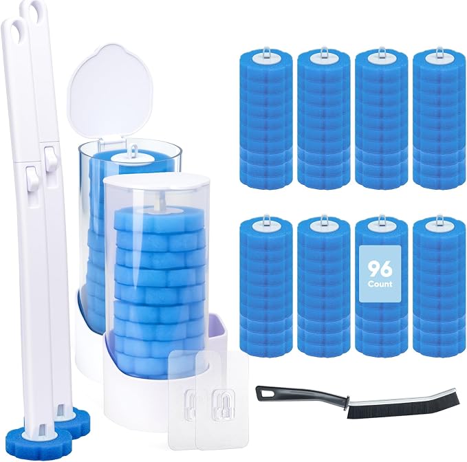 2 Pack Disposable Toilet Brush and Holder Set, Wall Mounted Toilte Wand Kit, Disposable Bowl Ceaner Wand and Caddy with 96 Refills for Closestool Cleaning