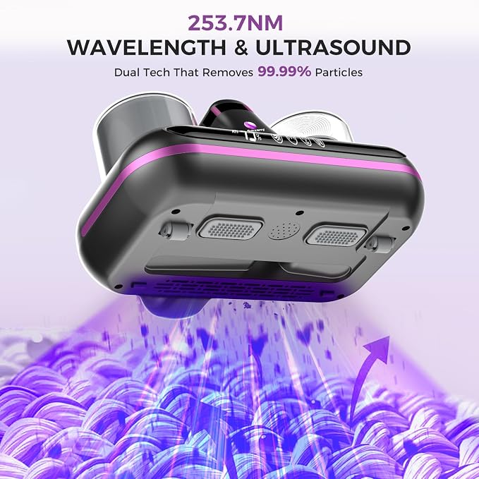 Amzany Mattress Vacuum Cleaner - 5-in-1 Cordless Bed Vacuum Cleaner, Powered by Ultrasonic Technology, 16Kpa Strong Suction,Low Noise,Suitable for Dust, Pet Hair, Etc - Gray Purple