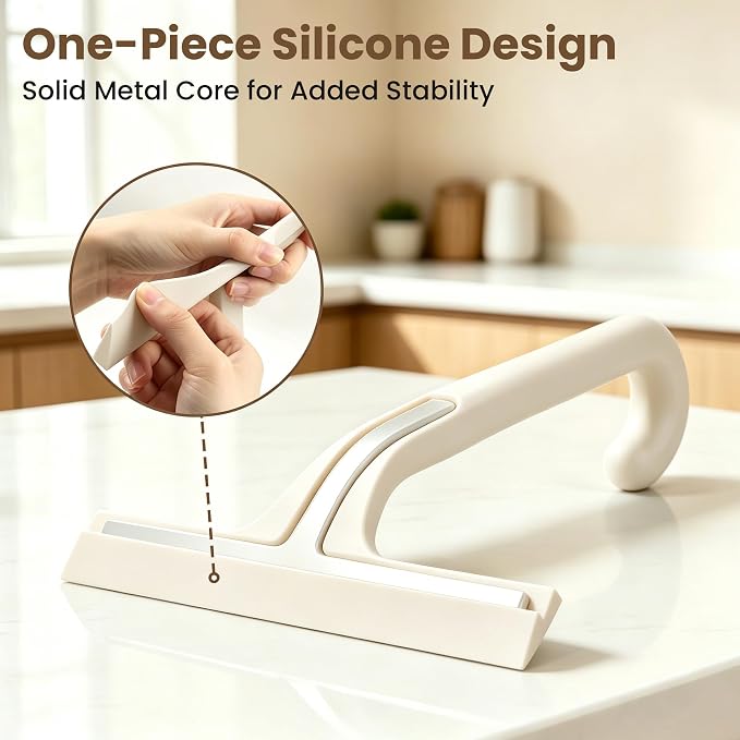 10 Inch Silicone Shower Squeegee for Glass Doors, Streak-Free, White | No-Squeak Silicone Blade, Ergonomic Round Grip and Built-In Hook for Quick Daily Cleaning of Shower Glass, Tile and Windows