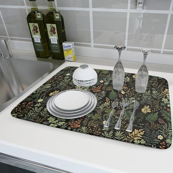 Black Green Botanical Dish Drying Mat for Kitchen Counter 18x24 Inch Super Absorbent Microfiber Kitchen Drying Mat Green Plant Fern Leaves Floral Dish Reusable Washable Dish Drying Pad for Coffee Bar