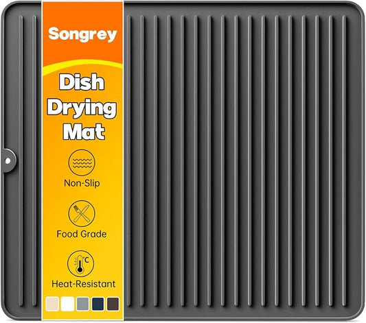 Songrey 18" x 16" Silicone Dish Drying Mat, Kitchen Counter Drying Pad for Sink Dishes or Under Rack, Multi-Use as Heat Resistant Trivet, Coffee Bar Mat