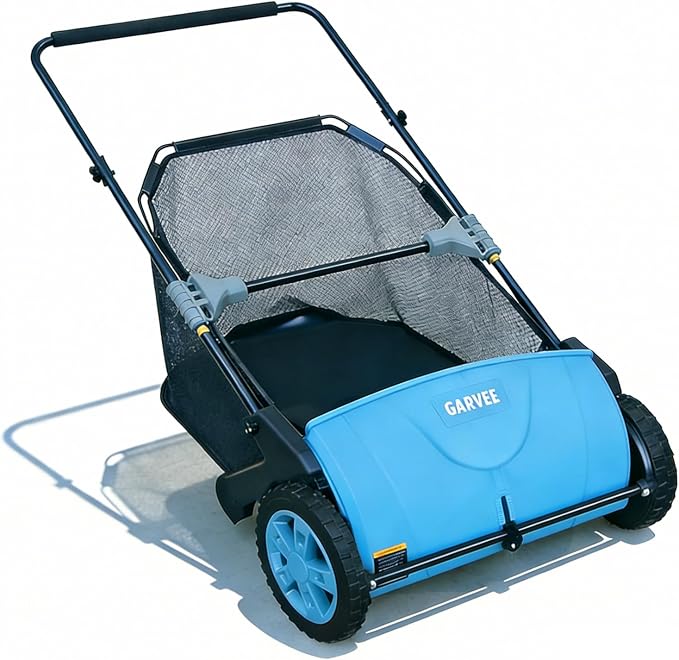 GarveeLife Manual Push Lawn Sweeper 21-Inch, Yard Leaf & Debris Collector with 3.5 Cu. Ft. Collection Bag, Adjustable Brush Height for Lawns & Driveways, Foldable Storage Design