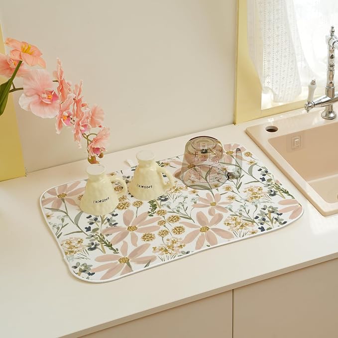 Floral Dish Drying Mat 18x24 Inch Vintage Pink Green Daisy Flower Drying Mat Boho Spring Summer Seasonal Absorbent Dish Drying Pad Dish Rack Drainer Mats for Kitchen Dining Counter