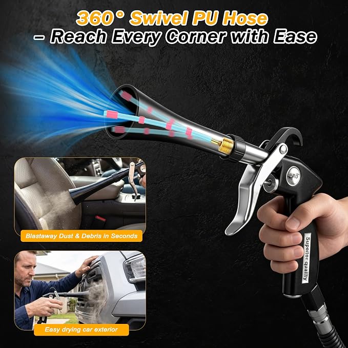 Car Detailing Air Cleaning Gun - Dry Blower Gun Works with Air Compressor | High Pressure Air Blaster with 2 Nozzles 3 Brushes 3 Connectors, Ergonomic Duster Tool for Car Interior Detailing Cleaning