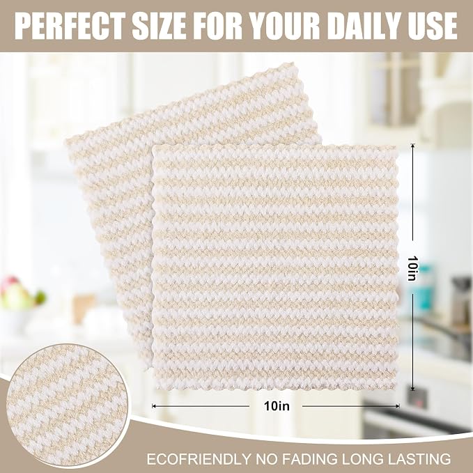 Homaxy 24 Pack Kitchen Dish Cloths, Ultra Soft and Absorbent Dish Towels, Reusable Fast Drying Microfiber Cleaning Cloth, Coral Velvet Wave Design No-lint, 10 x 10 inches, Beige