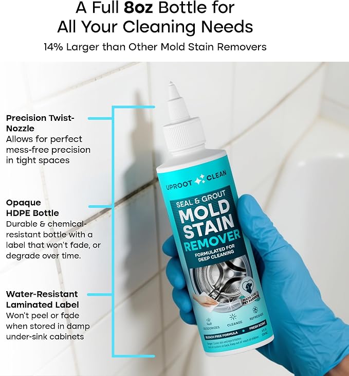 Uproot Clean Mold Stain Remover Gel 8 fl. oz.: Bleach-Free Gel Cleaner for Top & Front Load Washer Seals, Grout, Caulking, Refrigerators, & More - Fresh Floral Fragrance
