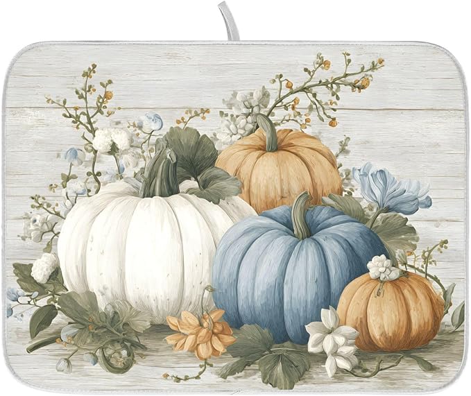 Fall Blue Orange Grey Pumpkin Thanksgiving Dish Drying Mat for Kitchen Counter Absorbent Microfiber Small Drying Pad Dish Mats for Kitchen Countertops 16 x 18 Inch