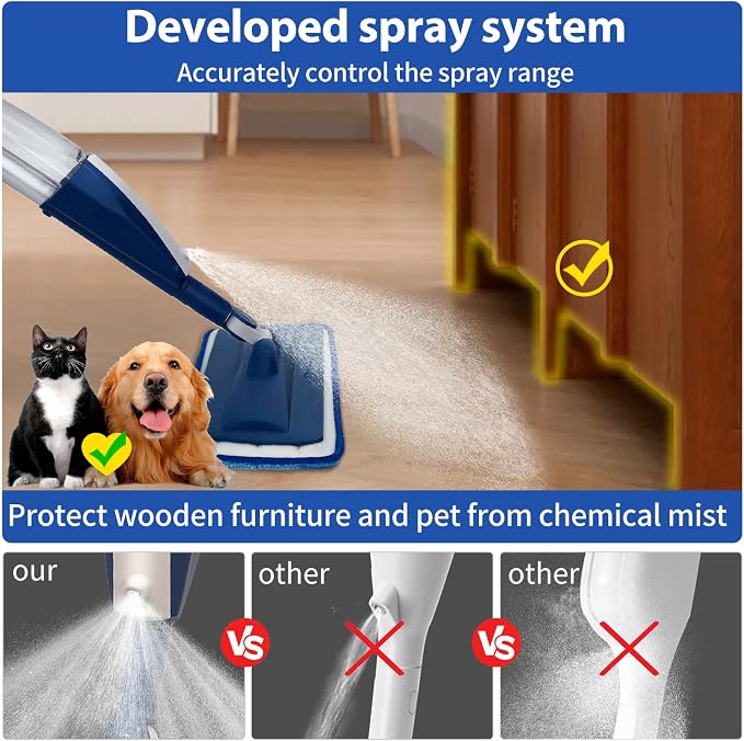 Wet Spray Mop for Floor Cleaning with 14 oz Bottle & 3 Microfiber Pads | Refillable bottle, washable pads, dry/wet use for home or commercial cleaning on hardwood, laminate, wood & ceramic floors