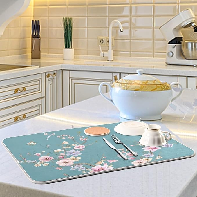 Absorbent Dish Drying Mat for Kitchen Counter - Chinese Painting Art Microfiber Drying Pad, Reversible Drainer Mats for Countertop, Small 16 x 18 inch