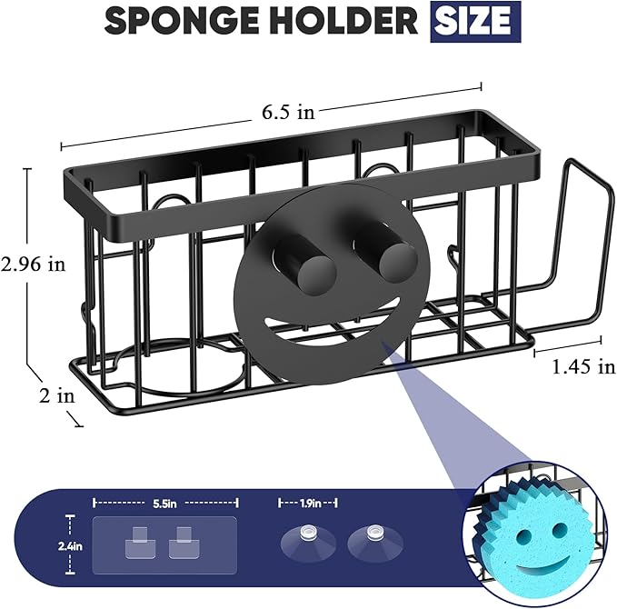 MURLONG Sponge Holder for Kitchen Sink,Sink Caddy Smiley Face,4-in-1 Sponge Holder with Suction Cups & 1 PCS Adhesive Strips for Holding Soap,Brush,Scrubber,Sponge,Stopper-Black