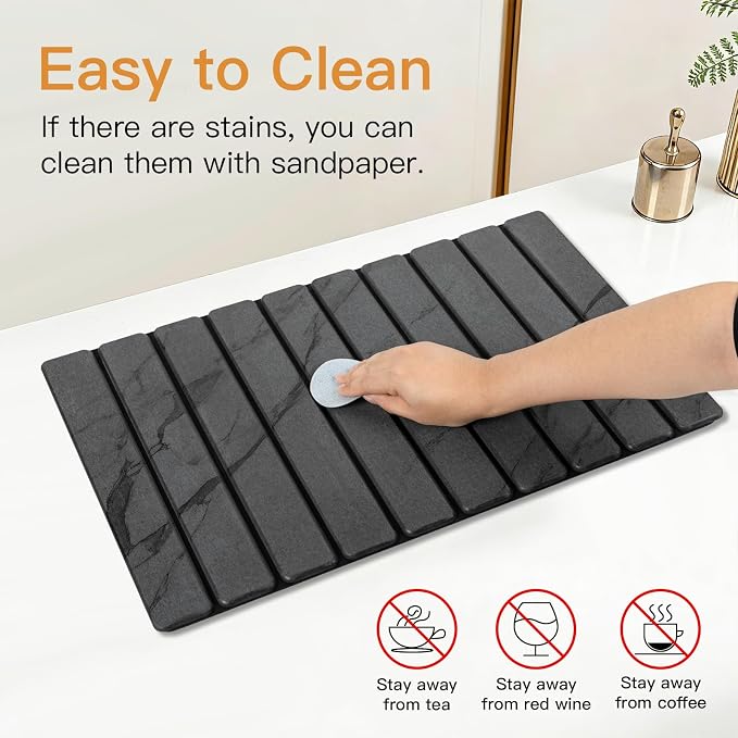 Stone Dish Drying Mat for Kitchen - Upgrade Counter Mats Quick Dry | Foldable Design, Super Absorbent, (24"×16"/ 8"x4" ) , for Dishes Cups , No Water Stains, Core Material Upgrade, Gray