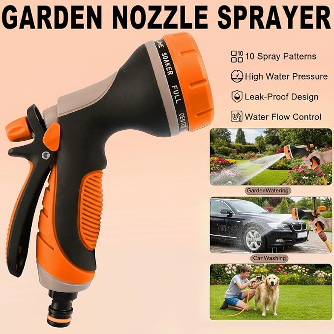 Garden Hose Nozzle with Adjustable 10 Watering Patterns Hose Spray Nozzle | Slip Resistant High Pressure Leak-Proof ,Water Hose Nozzle Sprayer for Plants & Lawns Watering,Car Washing and Pet Showering