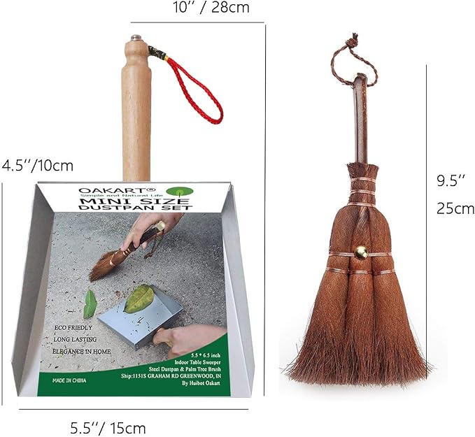Mini Metal Dustpan and Brush Set for Fireplace Ash Cleanning | Heat-safe stainless steel dust pan and natural palm fiber hand broom, Anti-static for woodstove, Non plastic and eco-friendly