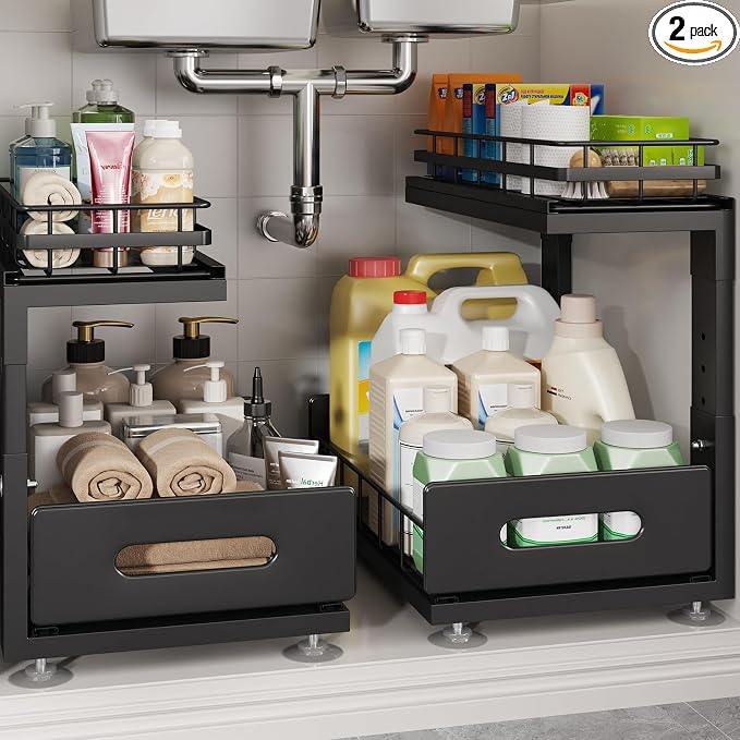 Under Sink Organizer Upgrade To Professional Rails,2-Tier Dual Pull Out Cabinet Storage,Height Adjustable Slide Out Drawers For Bathroom Kitchen,2 Pack-14.5" Dx12.8-16.9" H,Black