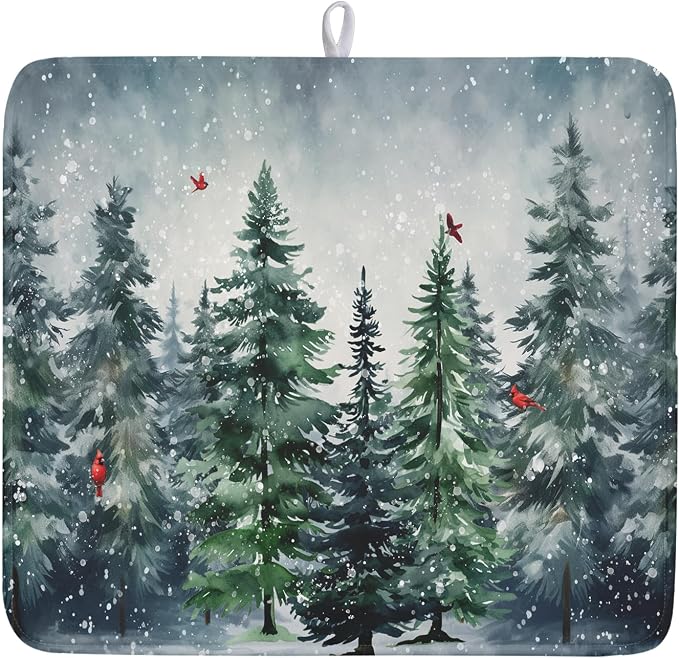 Winter Pine Tree Dish Drying Mat for Kitchen Counter 16x18 Inch Winter Snowflake Xmas Forest Dish Draining Mat Christmas Decorations Fast Absorbent Tableware Dishes Pad for Coffee Bar Countertop