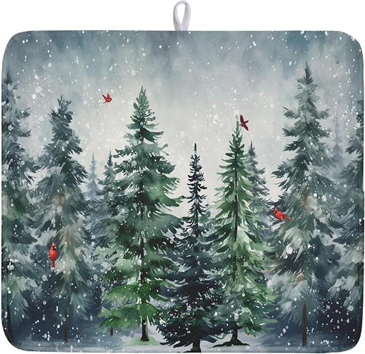 Winter Pine Tree Dish Drying Mat for Kitchen Counter 16x18 Inch Winter Snowflake Xmas Forest Dish Draining Mat Christmas Decorations Fast Absorbent Tableware Dishes Pad for Coffee Bar Countertop