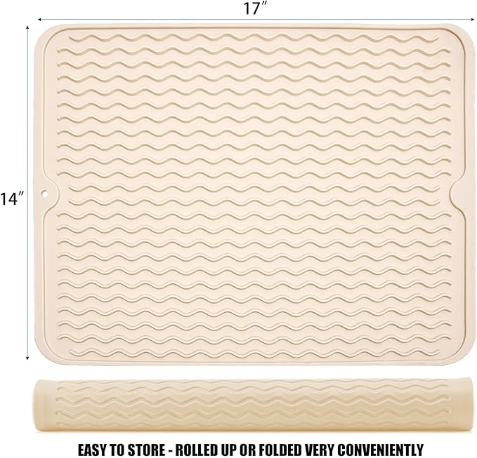 Large 17" x 14" Silicone Dish Drying Mat for Kitchen Counter, Easy clean, Quick Dry, Heat-resistant Dish Drainer Mat for Sink,Refrigerator or Drawer liner (Food Grade Silicone-Beige)