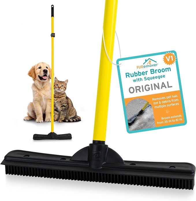FURemover Pet Hair Removal Rubber Broom, 61" Telescopic Handle | Multi-Surface Rubber Broom with Built in Squeegee Edge, Sweeps up Fur, Hair, and Debris on Tile, Wood, Vinyl, and Carpet