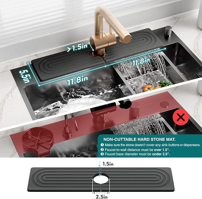 Large Faucet Mat for Kitchen Sink - Stone Drying Mat for Kitchen Counter, Diatomite Fast Drying Stone Sink Tray, Super Absorbent, Stylish Decor and Protector for Bathroom (Dark Grey, 23.6" x 5.5")