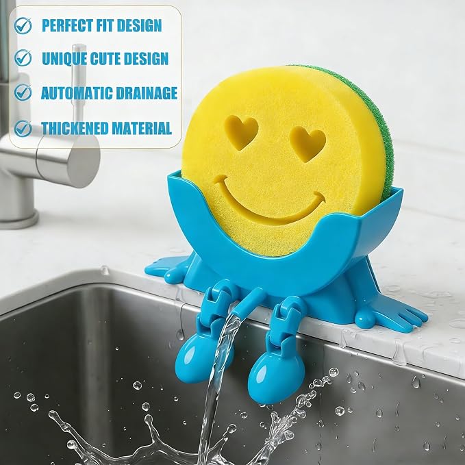 Cute Hanging Sponge Holder with Drainage,3D Printed Kitchen Funny Sponge Stand for Sink,with Non-Slip Pads,Suitable for Scrub Daddy Holder,Keeps Your Sponge Dry Smiling (Blue)