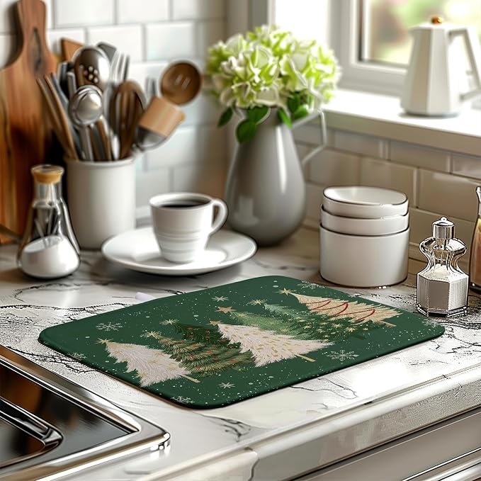 Green Christmas Tree Snowflakes Dish Drying Mat for Kitchen Counter 16x18 Inch Winter Xmas Holiday Dish Rack Mat Absorbent Microfiber Dish Draining Mat Reversible Drainer Pad