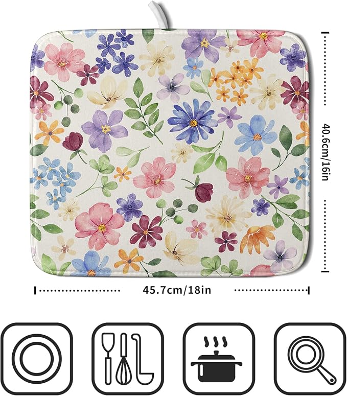 Spring Floral Dish Drying Mat for Kitchen Counter 16x18 Easter Green Pink Purple Blue Cute Flower Print Absorbent Reversible Microfiber Drying Mats Kitchen Countertop Protector Dishes Drainer Pad