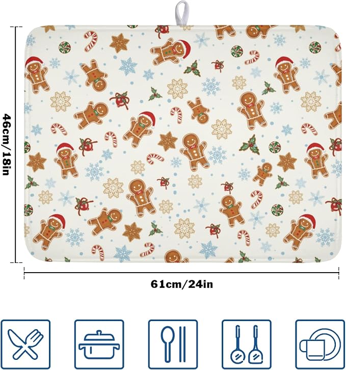 Christmas Gingerbread Man Dish Drying Mat 18x24 Inch Xmas Snowflake | Winter，Polyester，Absorbent Microfiber，for Kitchen Coffee Dining Bar Decor