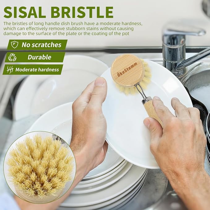 Bamboo Dish Brush with Long Handle - Natural Dish Scrubber Brush Set Includes 4 Replacement Brush Heads, Sisal Bristle Bamboo Brush for Dishes, Pans, Pot, Fruit and Veggie