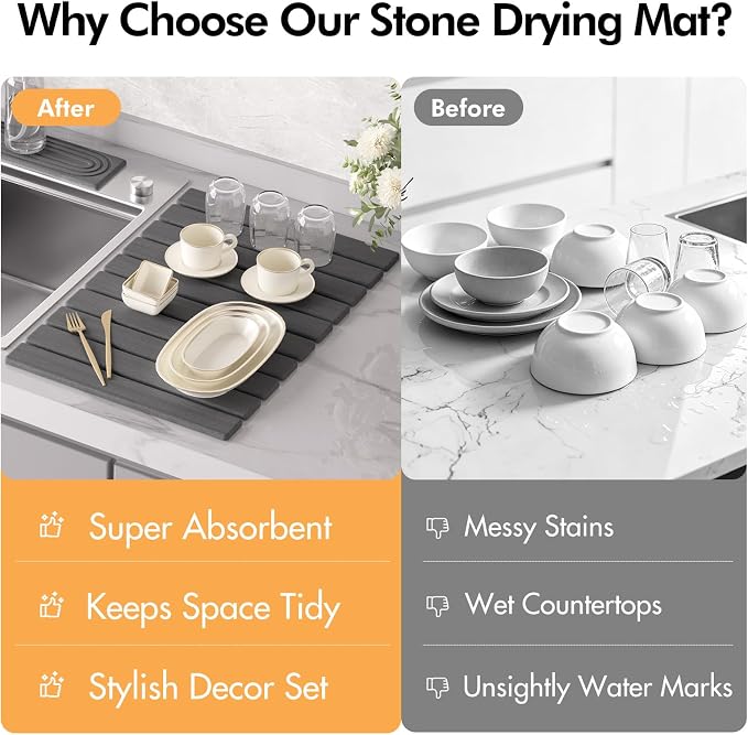 4 Pcs Stone Dish Drying Mat for Kitchen Counter, 24''x16'' Super Absorbent Diatomaceous Earth Stone Drying Mat Faucet Mat with 2 Coasters, Quick Dry Mat for Kitchen Counter Dishes Cups