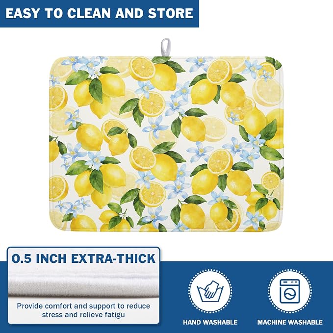 Kawani Lemon Dish Drying Mat 18x24 Inch Absorbent Reversible Summer Drying Mat Floral Lemon Fruits Dish Drying Rack Mat Yellow Summer Themed Dish Drainer Mat for Kitchen Counter Coffee Bar