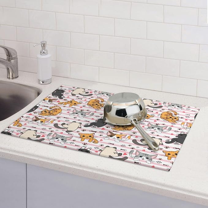 Cute Cat Dish Drying Mat for Kitchen Counter Cute Kitchen Dish Mat Microfiber Kitchen Countertop Absorbent Reversible Drainer Rack Pad
