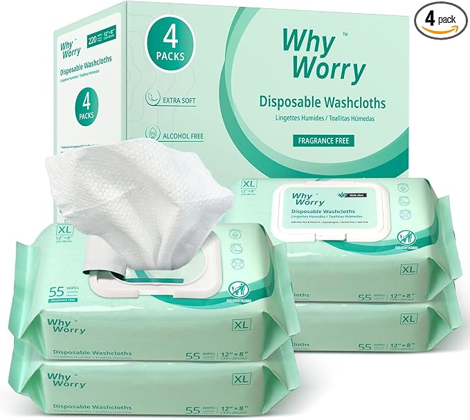 WhyWorry Extra Large Wet Wipes for Adults, 8" x 12", Unscented, 220 Count | Body Cleansing Wipes for Elderly & Incontinence, Extra Thick Disposable Washcloths with Aloe & Vitamin E, Rinse Free