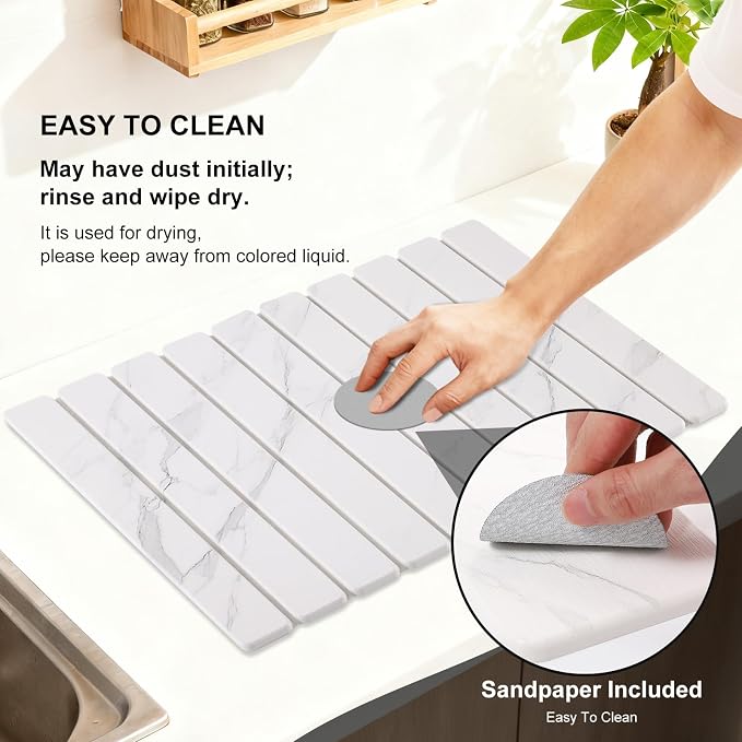 3 PCS Large Stone Dish Drying Mat for Kitchen Counter, Quick Dry Stone Dishes Mats, Sink Faucet Mat, Marble Water Absorbing Diatomaceous Earth Drying Pad for Countertop Tableware, Bottles