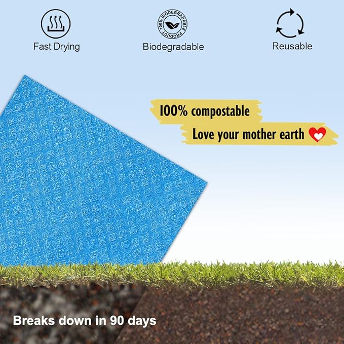 MoLKENE Swedish Dishcloths - 10 Pack Reusable Kitchen Dishcloths - Ultra Absorbent Dish Towels for Washing Dishes - Cellulose Sponge Cloth Cleaning Cloths - Blue