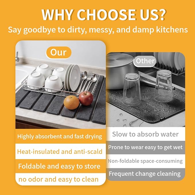 Stone Dish Drying Mat for Kitchen Counter, 16''×12'' Quick Dry Stone Dishes Mats Foldable Foldable Water Absorbing Diatomaceous Earth Drying Organizer Pad for Dishes Utensils Bottles(Dark Gray)
