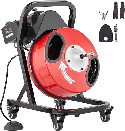 VEVOR 50FT x 1/2Inch Sewer Snake Machine, Drain Cleaning Machine on 4 Wheels, Electri Drain Auger with 4 Cutters & Foot Switch for 1''- 4'' Pipes