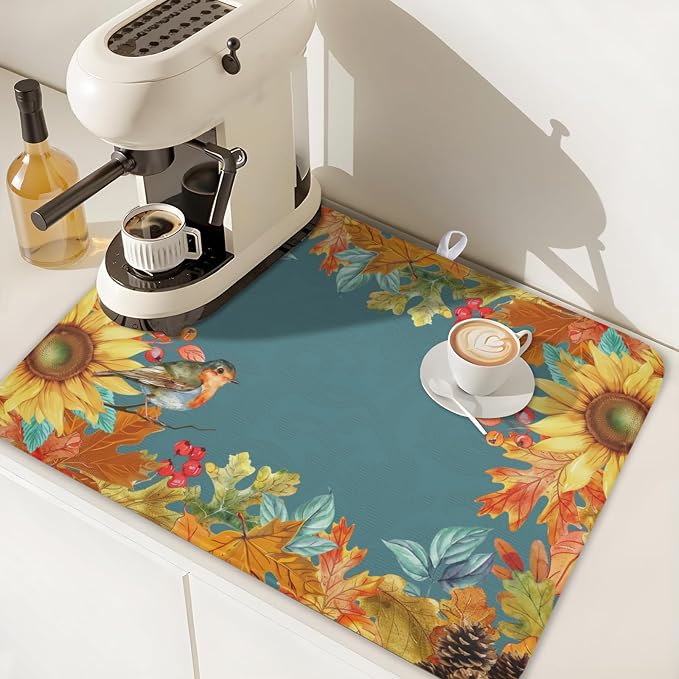 Fall Sunflower Dish Drying Mat for Kitchen Counter 18 x 24 Inch Autumn Orange Leaf Dish Drainer Mat Absorbent Microfiber Thanksgiving Harvest Dish Rack Pad for Coffee Dining Bar Decor