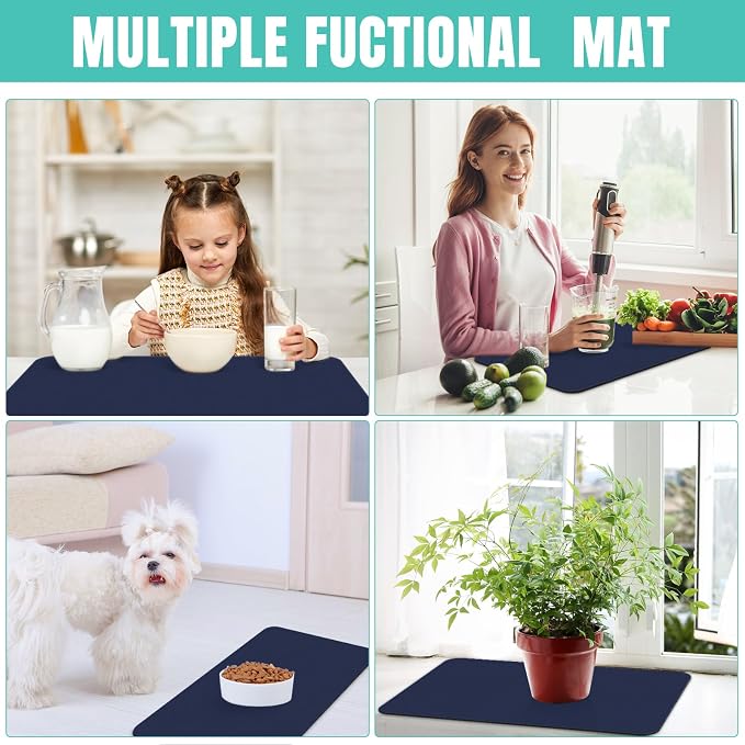 WISELIFE Coffee Mat Super Absorbent Dish Drying Mat Coffee Bar Accessories Large Drying Mats for Kitchen Counter 16" W x 24" L, Blue