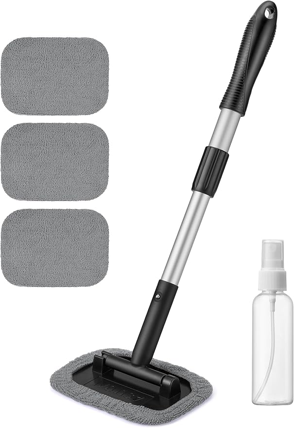 AstroAI Windshield Cleaner, Microfiber Window Cleaner with 4 Reusable Washable Large Sponge Pads, Extendable 180° Rotating Handle, Fits Cars & SUVs, Includes Spray Bottle, Gray