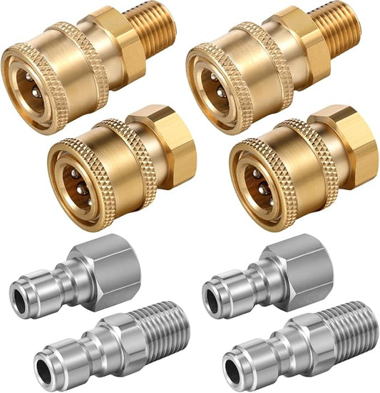 4 Sets NPT 1/4 Inch Pressure Washer Coupler Quick Connect Plug Male Female 1/4 Quick Connect Fittings Pressure Washer Adapters Accessories(1/4 Internal and External Thread)