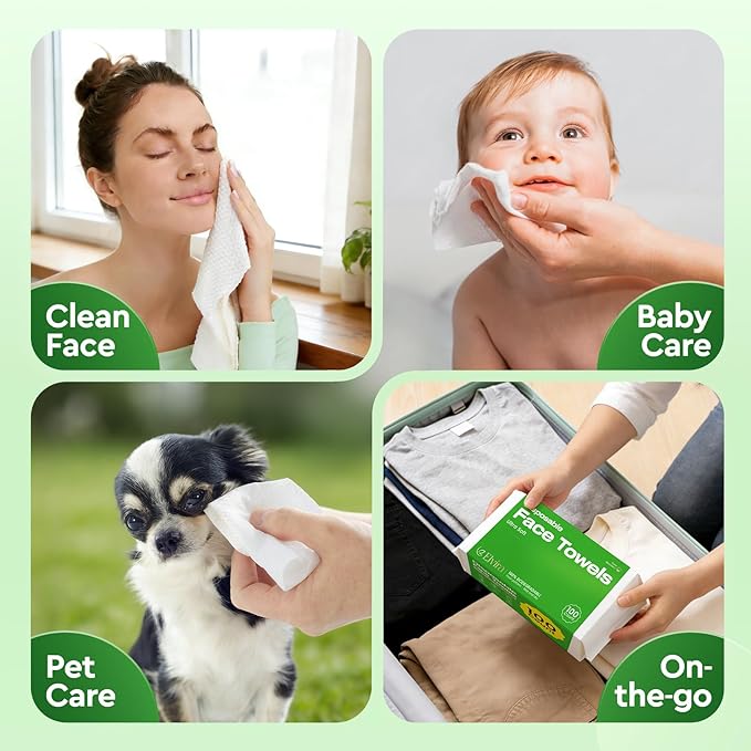 Elvira 100 Count Disposable Face Towels, Biodegradable Skincare Facial Cleansing Towels, Ultra Soft & Thick Makeup Remover Dry Wipes, Lint-Free & Vegan for Sensitive Skin, Travel Essential